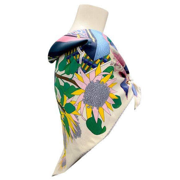 Hermes Ivory / Blue / Pink Multi Les Tresors d'Un Artiste Square Silk Twill Scar - Picture 2 of 10